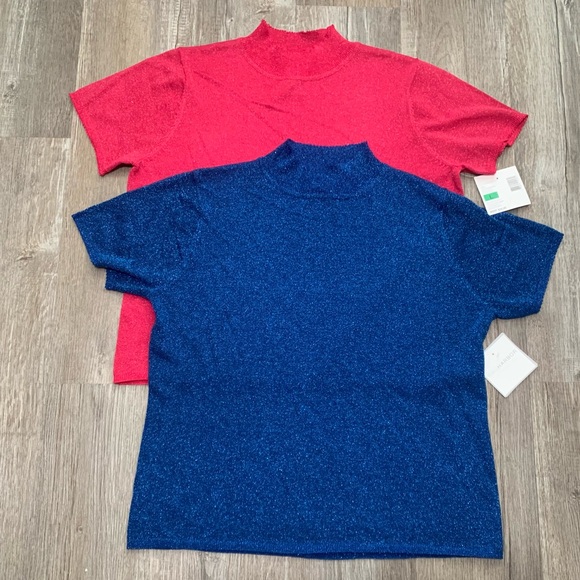 Sag Harbor Tops - Vintage Sag Harbor Blue Sparkle Glitter Cropped Turtleneck Short Sleeve Top